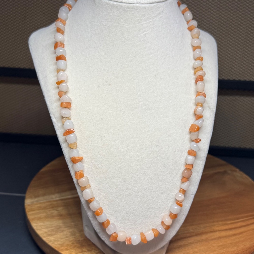 Vintage Natural Orange Sunstone White Quartz Tumbled Bead Necklace 20 Inch Brass